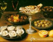 牡蛎和糕点的静物 - 奥夏斯·贝尔